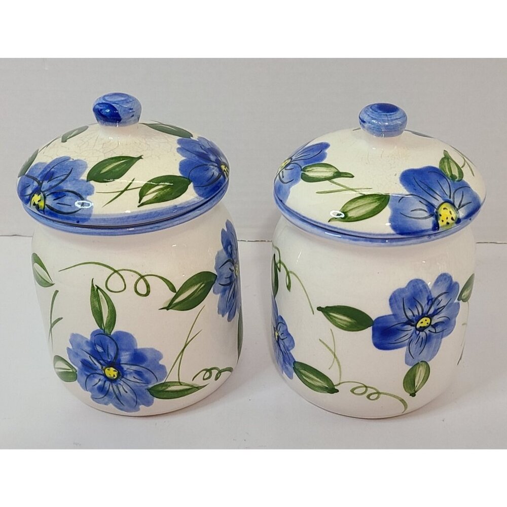 2 Piece Blue Floral Ceramic Lidded Cannister Set 6"h x 3 3/4"w